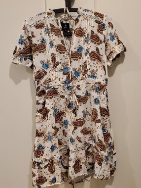 Ziggy-White Paisley Floral Drawstring Mini Dress Super Soft 100% Rayon
